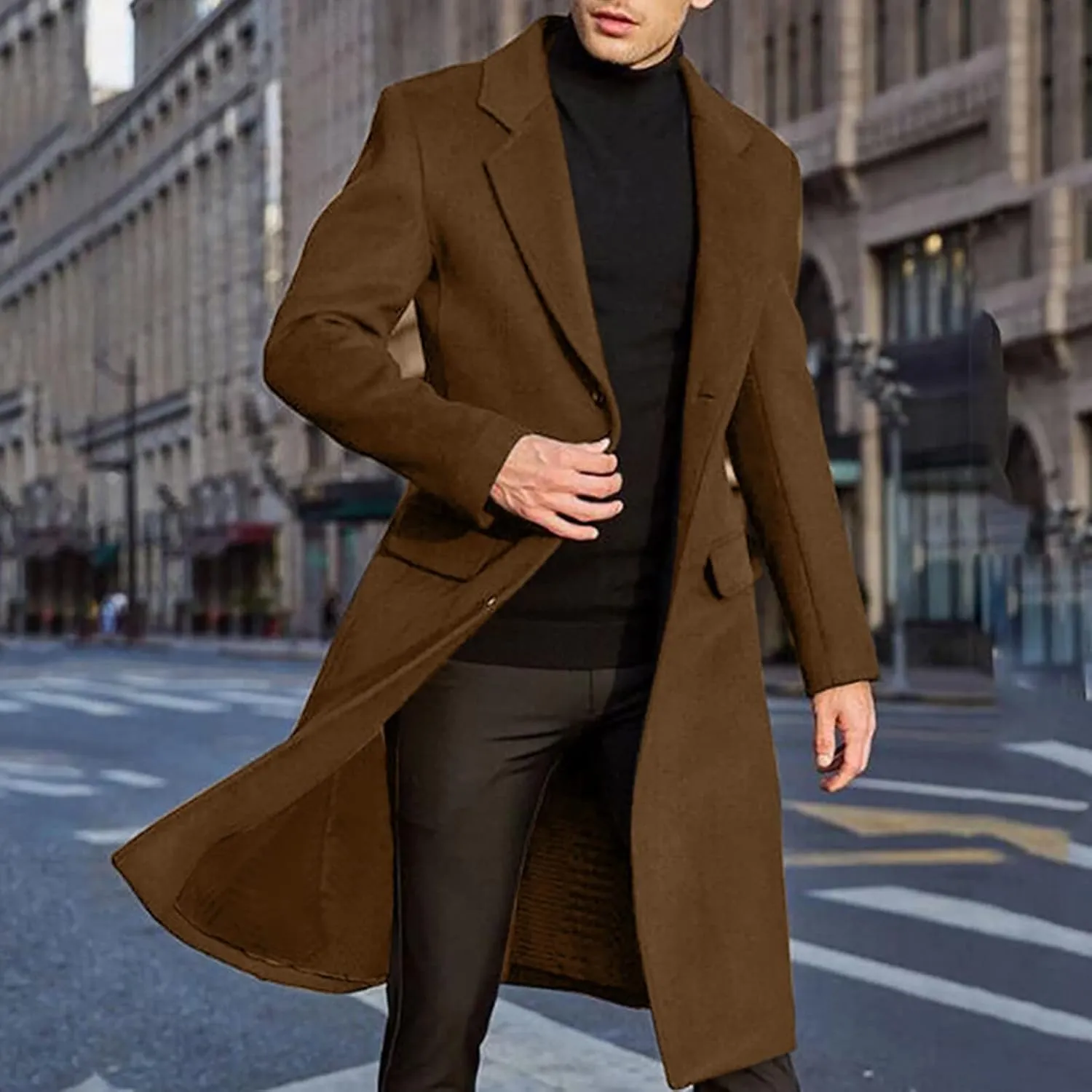 Men's Casual Trench Coat Slim Fit Notched Collar Long Jackets Overcoat Single Breasted Pea Coat Overcoats wih Pockets