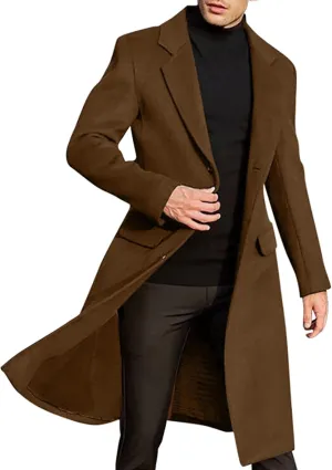 Men's Casual Trench Coat Slim Fit Notched Collar Long Jackets Overcoat Single Breasted Pea Coat Overcoats wih Pockets
