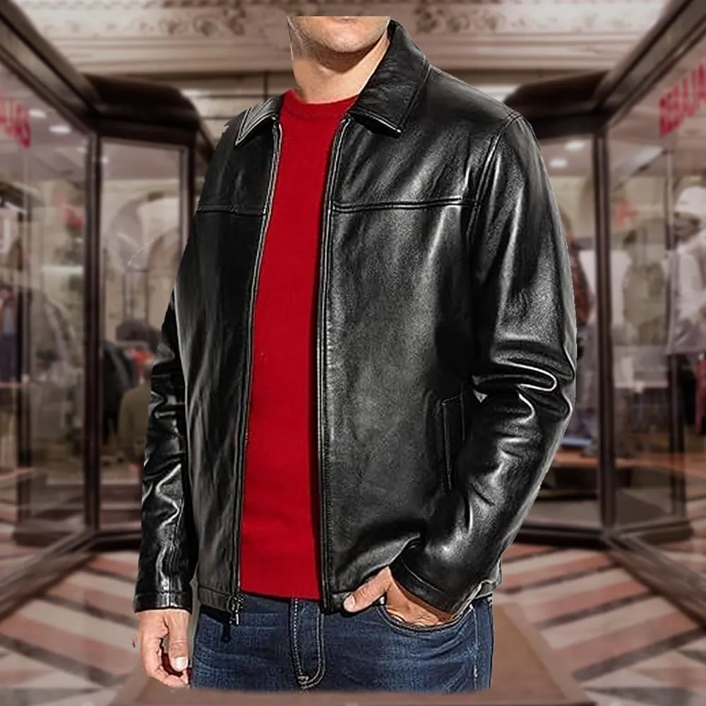 Men's Classic Cafe Racer Style Leather Jacket - Black Lambskin Motorcycle Jacket