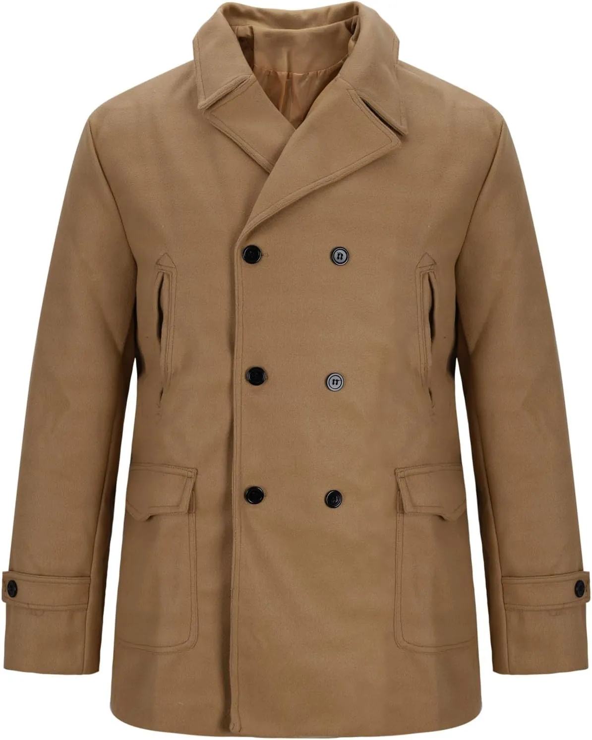 Mens Classic Pea Coat Notched Collar Double Breasted Slim Fit Winter Warm Heavyweight Trench Coats Overcoats Outwear