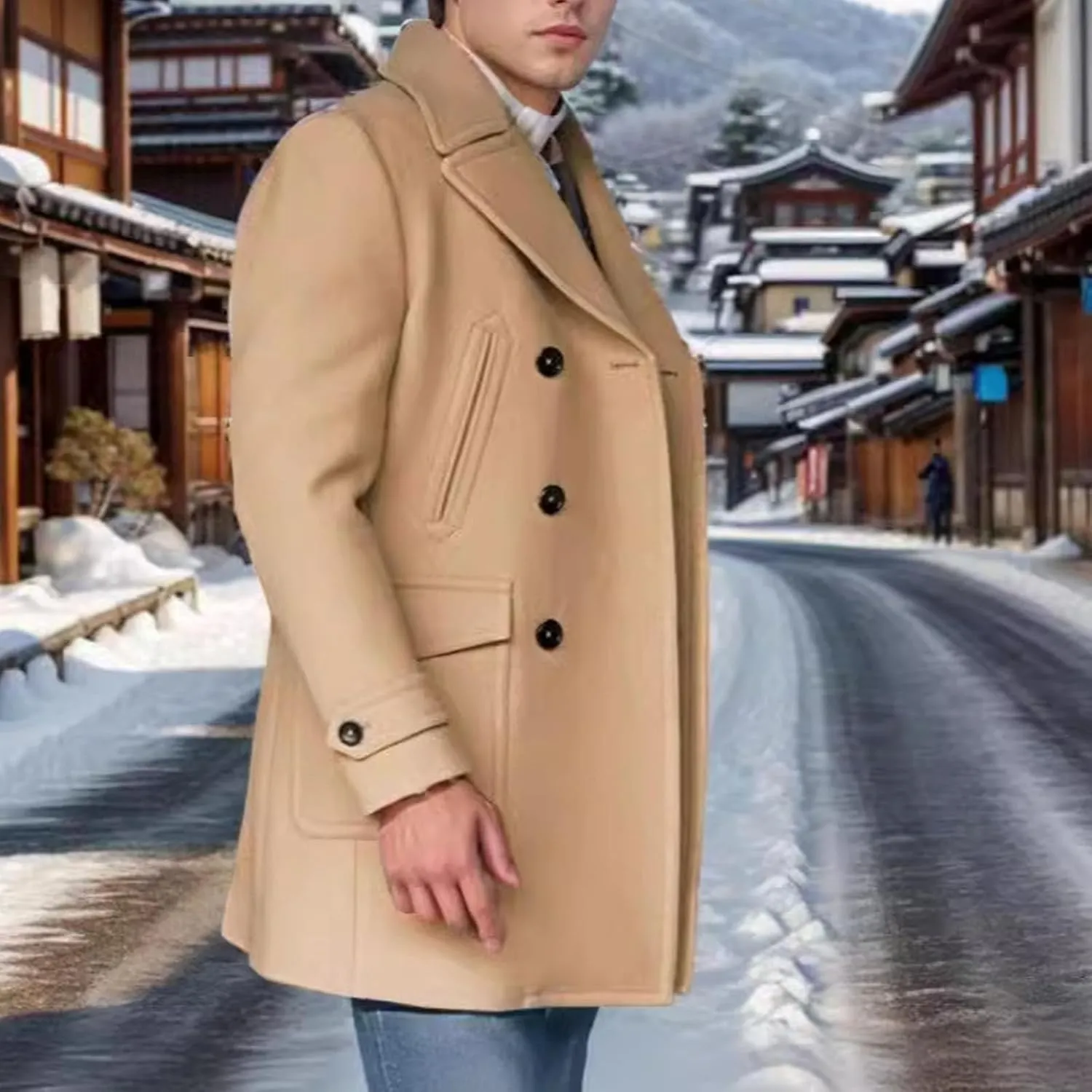 Mens Classic Pea Coat Notched Collar Double Breasted Slim Fit Winter Warm Heavyweight Trench Coats Overcoats Outwear