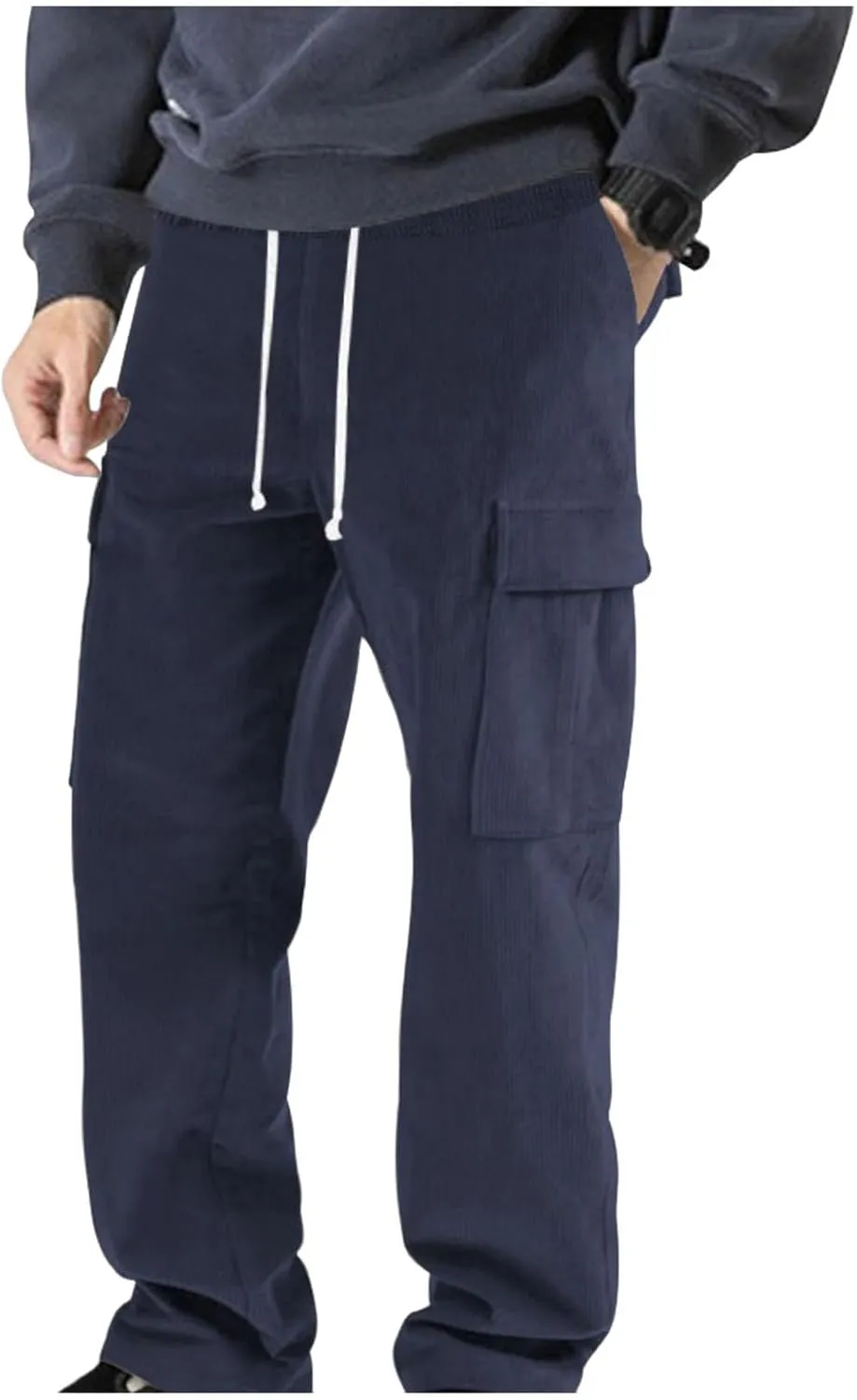 Mens Corduroy Pants Baggy Cargo Drawstring Elastic Waist Baggy Tapered Legs & Pockets for Jogging & Everyday Wear
