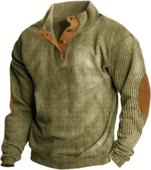Mens Corduroy Shirts Casual Lapel Collar Button Up Pullover Mock Neck Long Sleeve Sweaters Casual Polo Sweatshirts