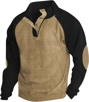 Mens Corduroy Sweater with Elbow Patches Long Sleeve Button Turtleneck Polo Shirts Vintage Waffle Sweatshirts