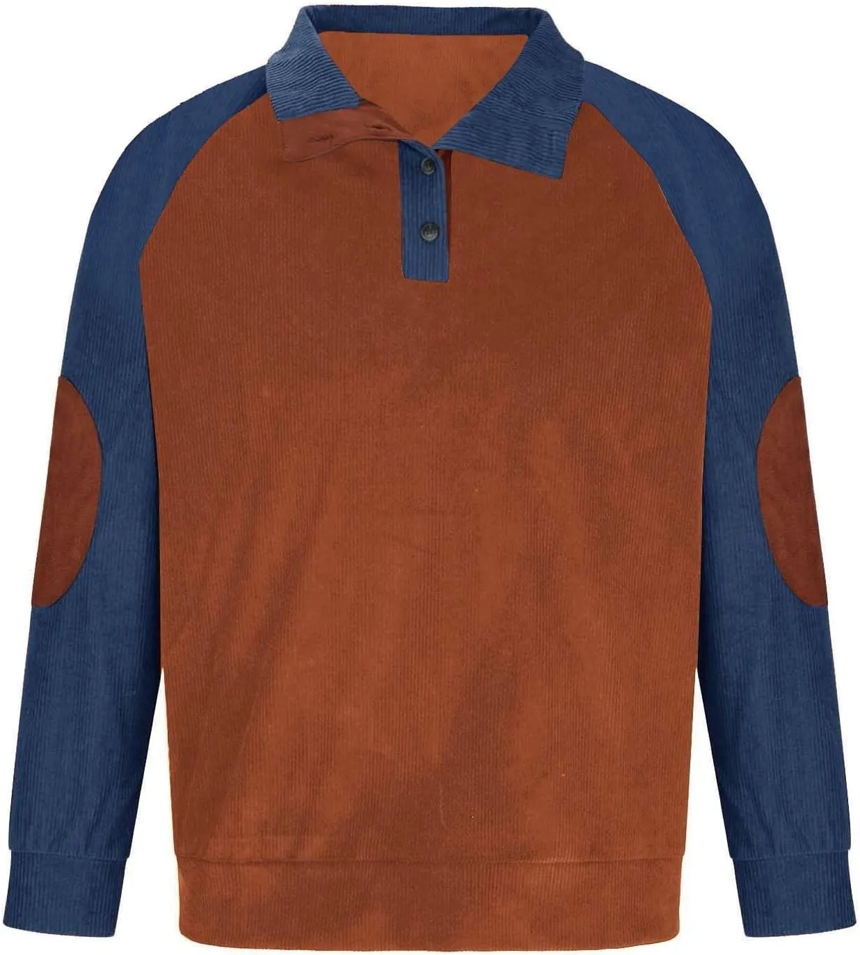 Mens Corduroy Sweatshirt Casual Stand Collar Button Up Pullover Long Sleeve Polo Sweater Shirts with Elbow Patches