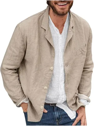 Mens Cotton and Linen Casual Blazer Jacket Regular Fit Lightweight Summer Tops Casual Suit Blazer Jacket