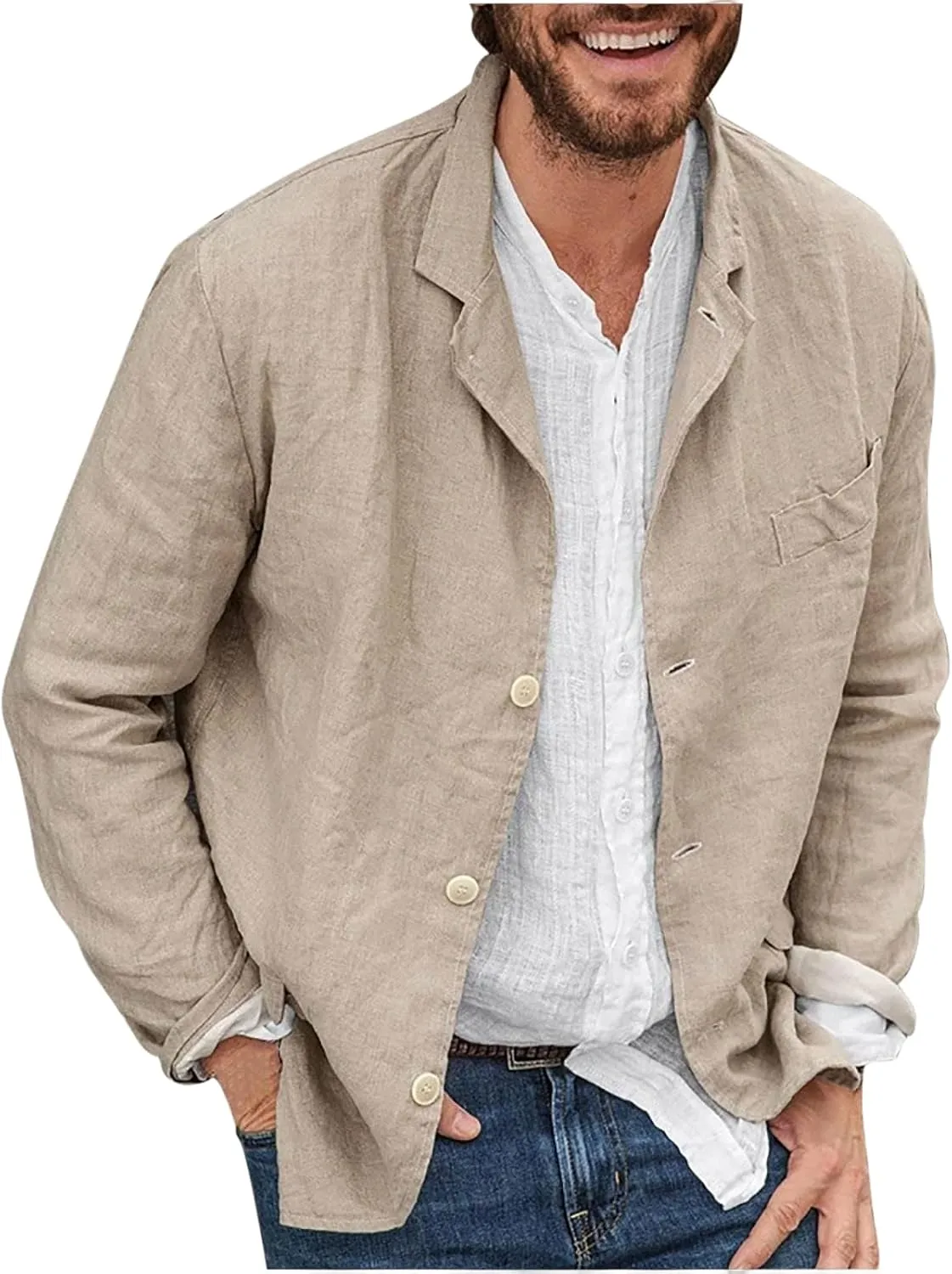 Mens Cotton and Linen Casual Blazer Jacket Regular Fit Lightweight Summer Tops Casual Suit Blazer Jacket