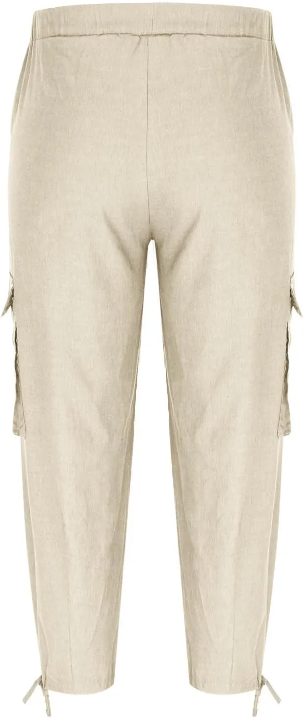 Mens Cotton Linen Cargo Pants Loose Fit Tapered Leg Harem Pants Elastic Waist Casual Cropped Trousers with Pockets