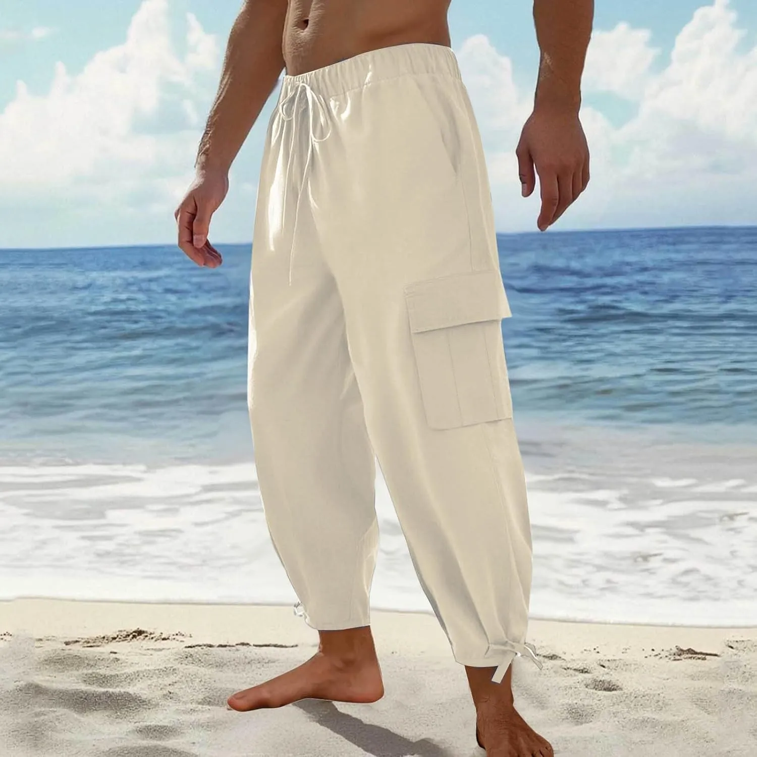 Mens Cotton Linen Cargo Pants Loose Fit Tapered Leg Harem Pants Elastic Waist Casual Cropped Trousers with Pockets