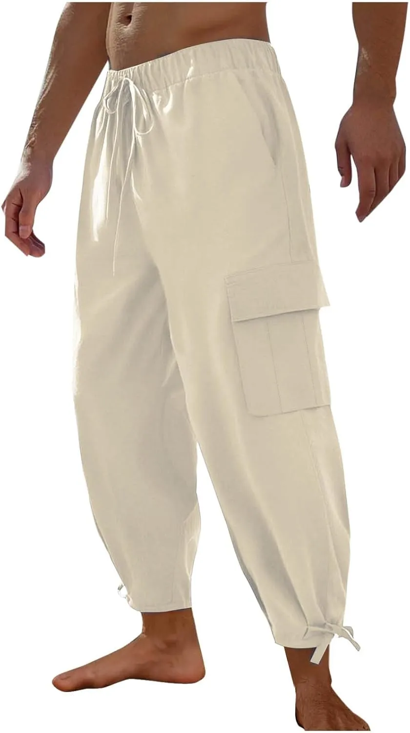 Mens Cotton Linen Cargo Pants Loose Fit Tapered Leg Harem Pants Elastic Waist Casual Cropped Trousers with Pockets