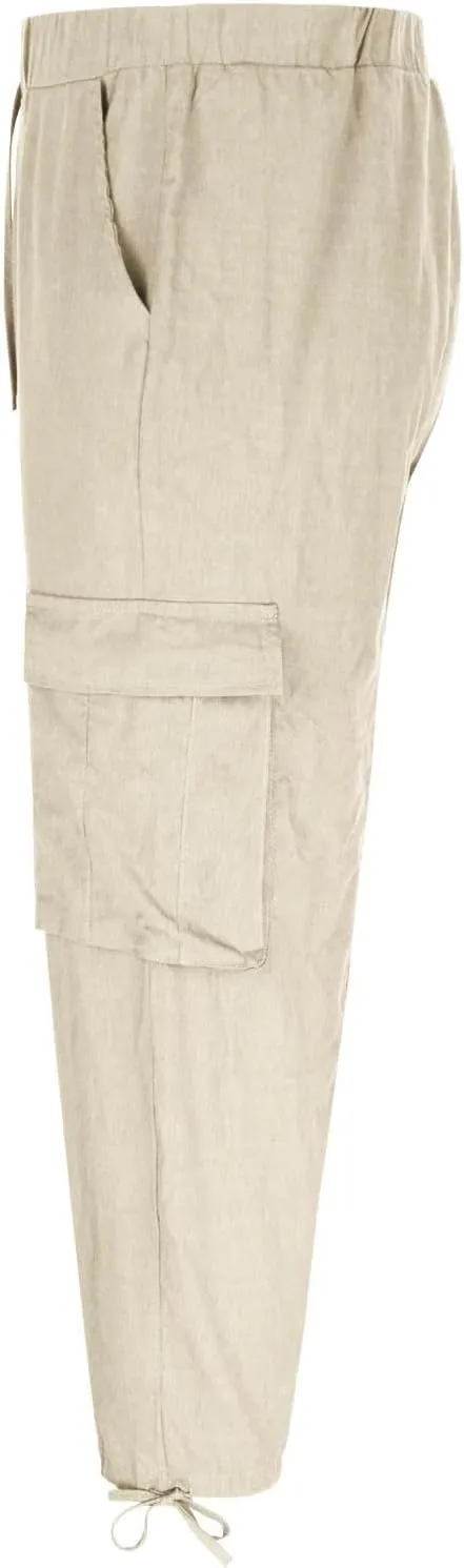 Mens Cotton Linen Cargo Pants Loose Fit Tapered Leg Harem Pants Elastic Waist Casual Cropped Trousers with Pockets