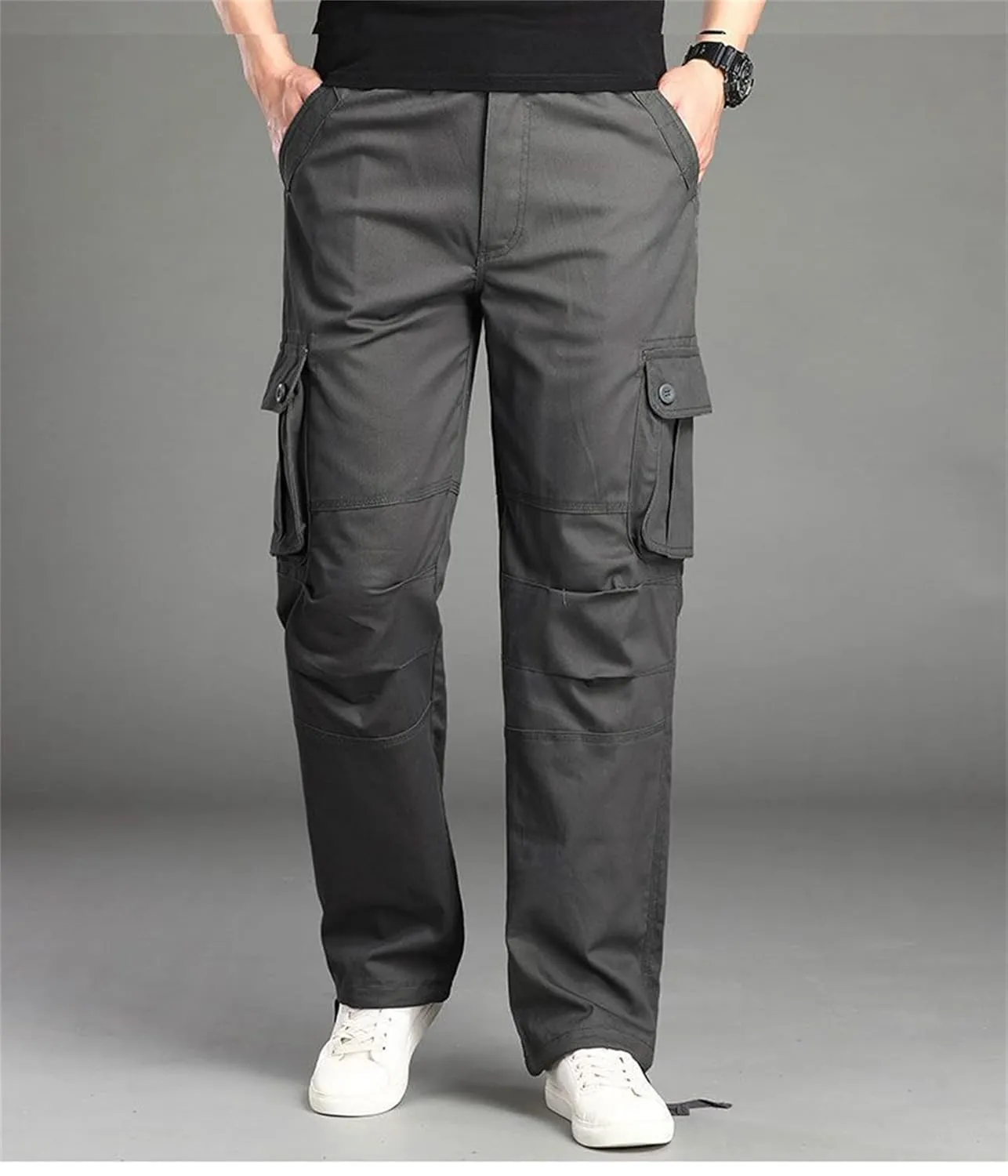 Men's Elastic Waist Cargo Pants,Casual Loose Fit Lightweight Workwear Pants Relaxed Fit Work Trousers with 6 Pockets (X-Large,Grey)