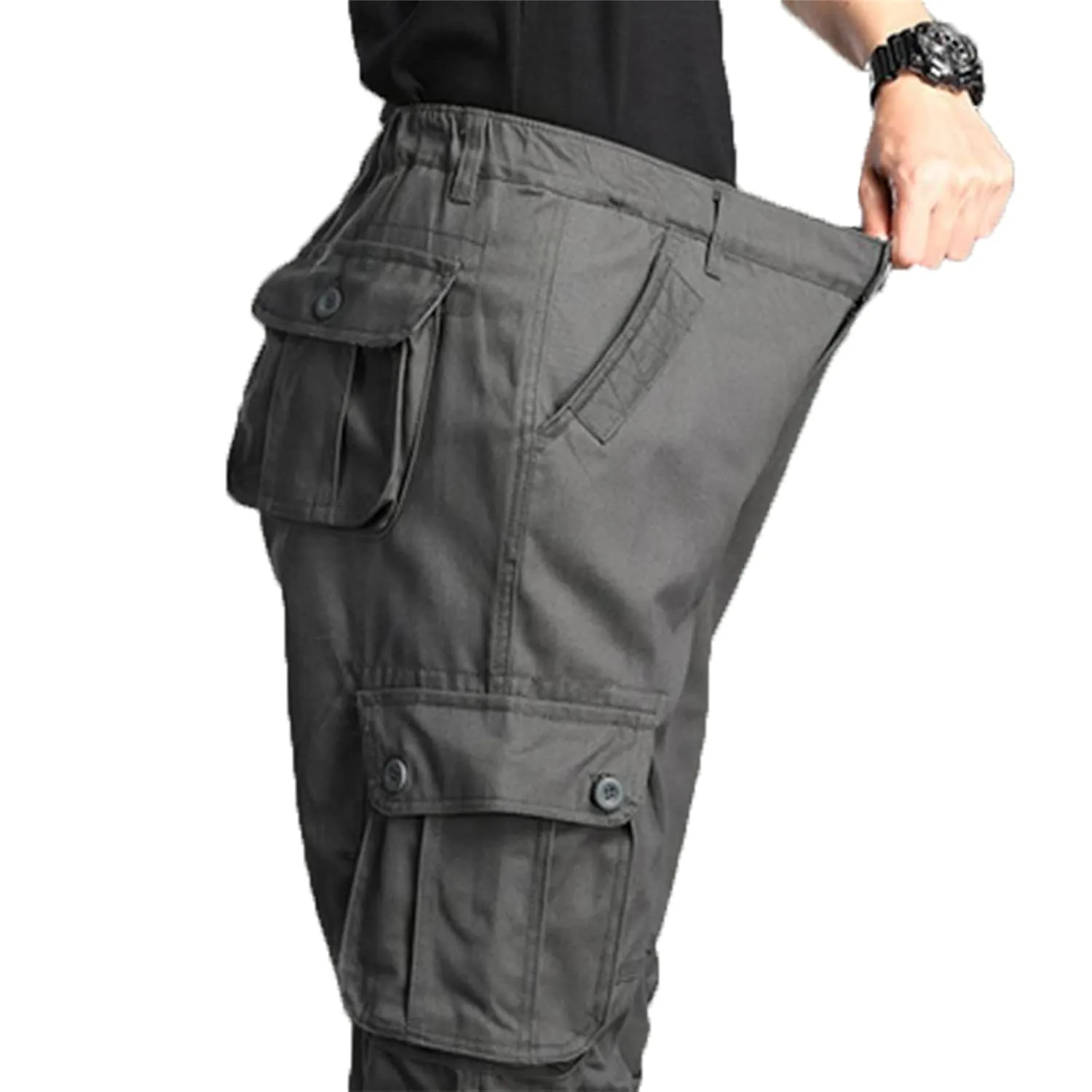 Men's Elastic Waist Cargo Pants,Casual Loose Fit Lightweight Workwear Pants Relaxed Fit Work Trousers with 6 Pockets (X-Large,Grey)
