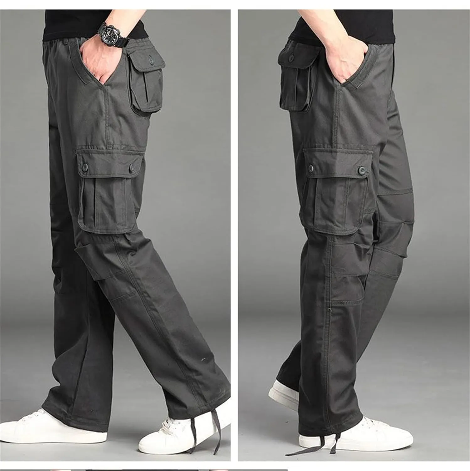 Men's Elastic Waist Cargo Pants,Casual Loose Fit Lightweight Workwear Pants Relaxed Fit Work Trousers with 6 Pockets (X-Large,Grey)