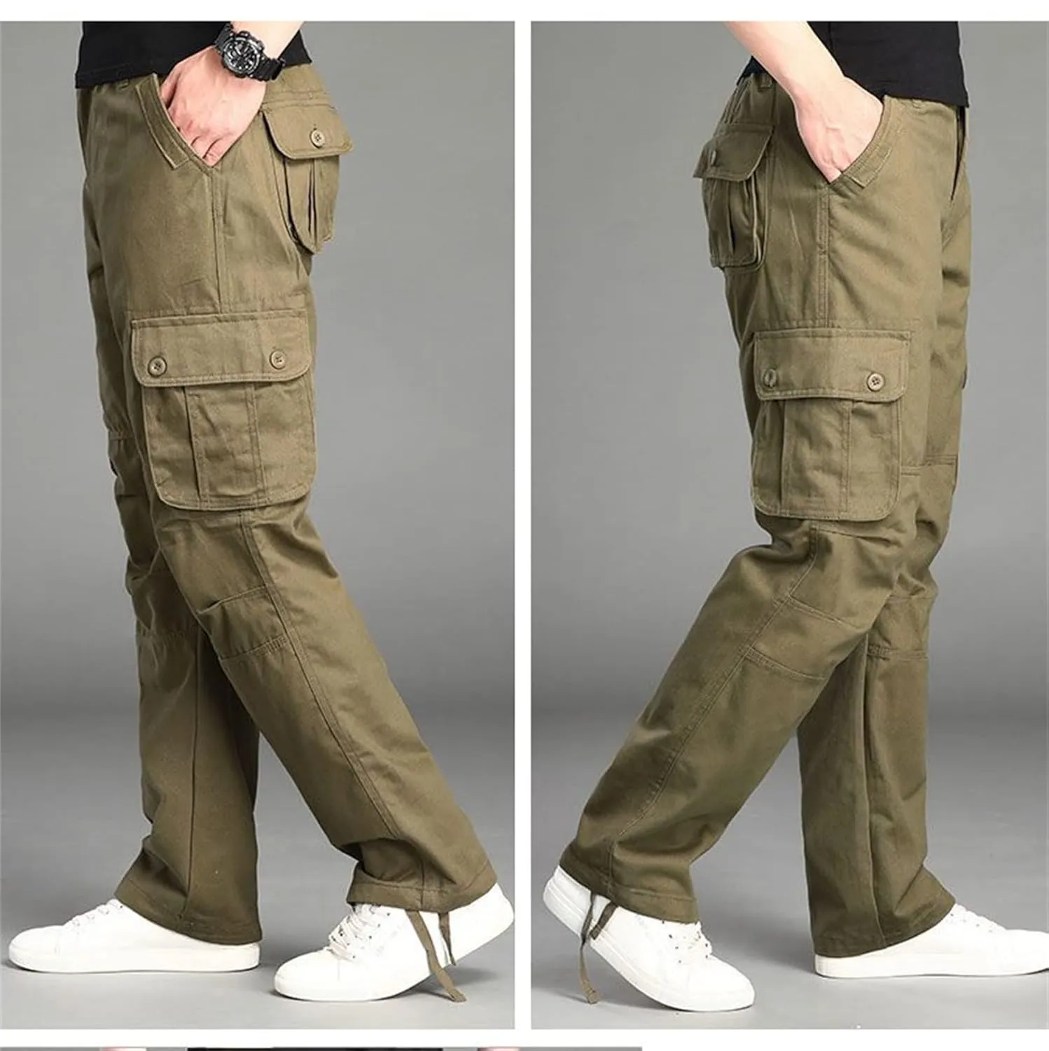 Men's Elastic Waist Cargo Pants,Casual Loose Fit Lightweight Workwear Pants Relaxed Fit Work Trousers with 6 Pockets (X-Large,Military Yellow)
