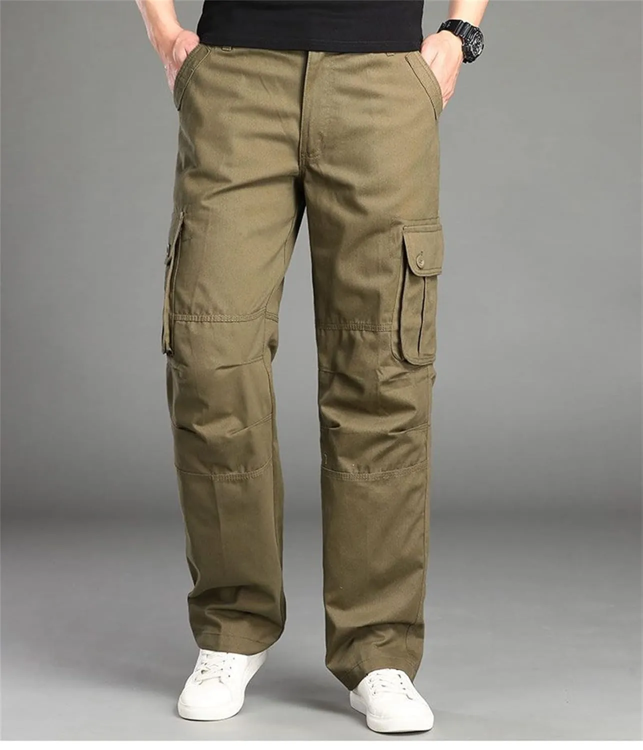 Men's Elastic Waist Cargo Pants,Casual Loose Fit Lightweight Workwear Pants Relaxed Fit Work Trousers with 6 Pockets (X-Large,Military Yellow)