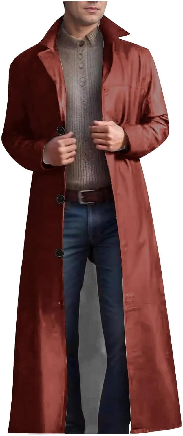 Men's Fashion Casual Solid Color Leather Buttons Long Sleeve Full length Casual Long Outwear Trench Coat Outwear