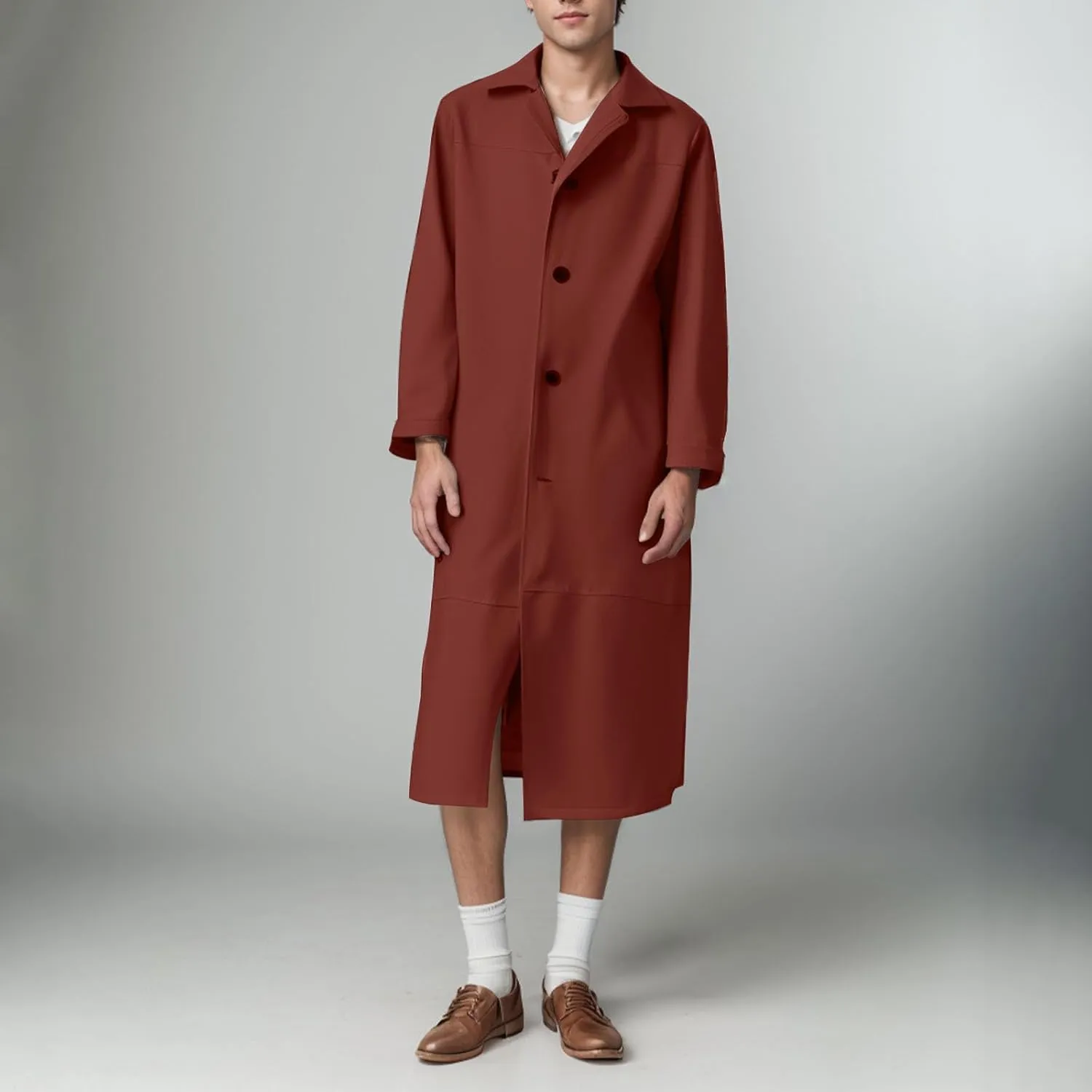 Men's Fashion Casual Solid Color Leather Buttons Long Sleeve Full length Casual Long Outwear Trench Coat Outwear