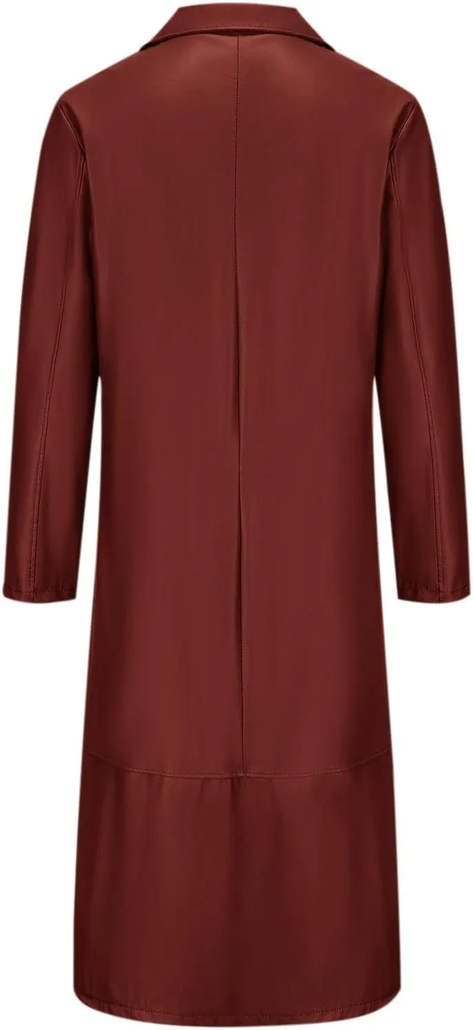 Men's Fashion Casual Solid Color Leather Buttons Long Sleeve Full length Casual Long Outwear Trench Coat Outwear