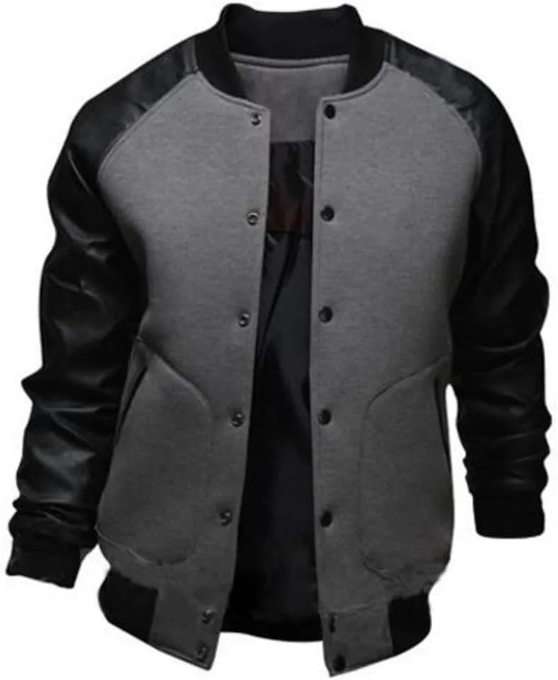 Men's Fashion Splicing Leather Sleeve Baseball Varsity Bomber Jacket