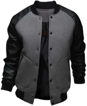Men's Fashion Splicing Leather Sleeve Baseball Varsity Bomber Jacket