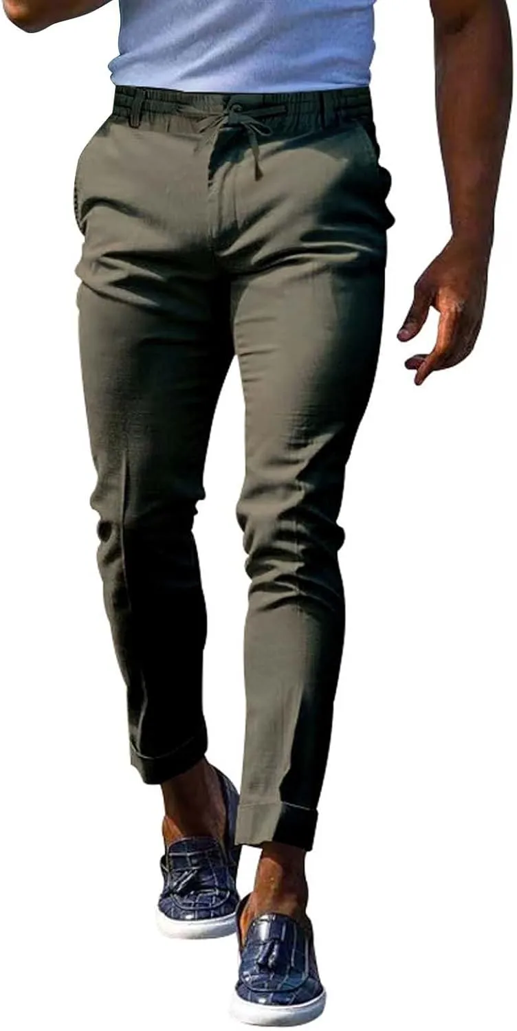 Mens Fashion Stretch Dress Pants Slim Fit Skinny Flat-Front Chino Pants Big and Tall Business Skinny Golf Trousers