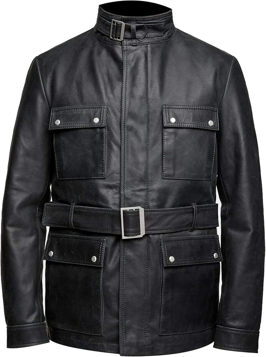 Men's German Multiple Pockets Flap Pockets Biker Black Leather Jacket