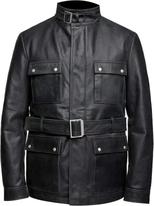 Men's German Multiple Pockets Flap Pockets Biker Black Leather Jacket