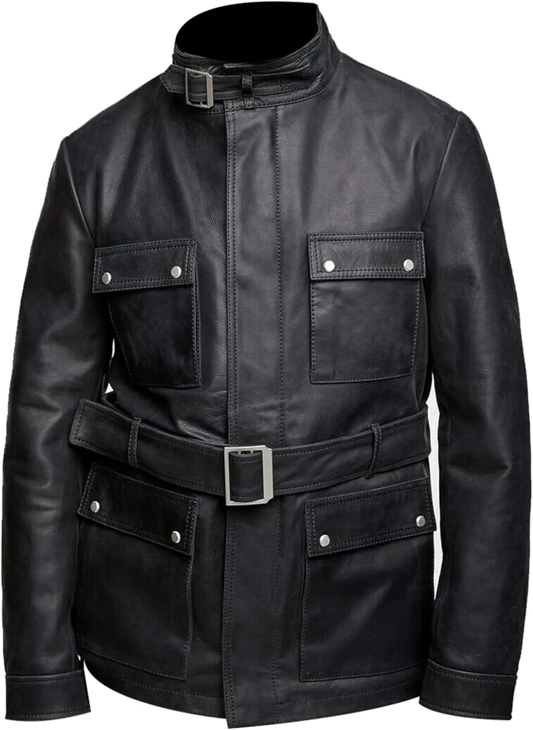Men's German Multiple Pockets Flap Pockets Biker Black Leather Jacket