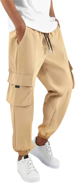 Men's Hiking Work Cargo Pants High Rise Drawstring Elastic Waisted Lightweight Trousers Outdoor Camping Jogging Pants