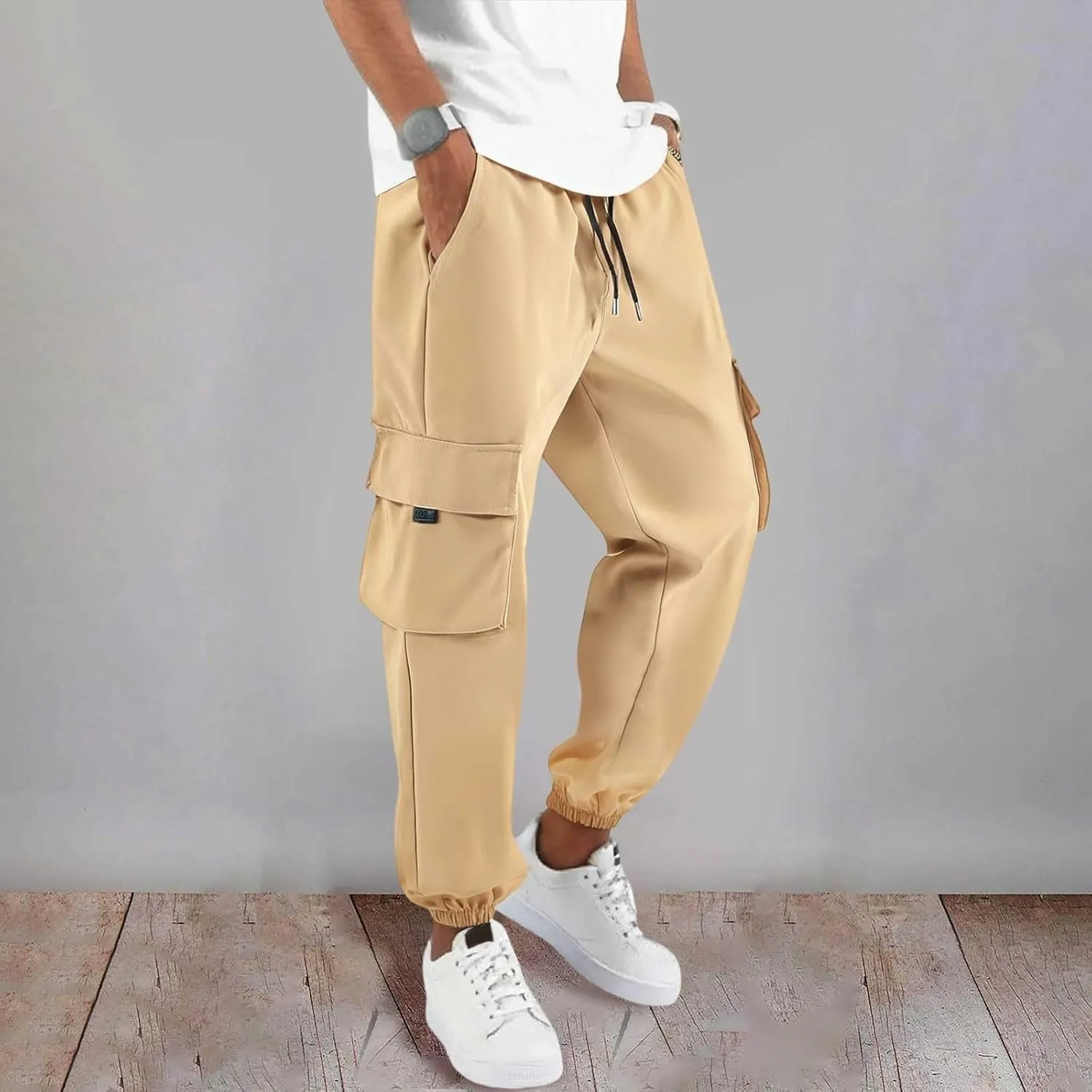 Men's Hiking Work Cargo Pants High Rise Drawstring Elastic Waisted Lightweight Trousers Outdoor Camping Jogging Pants