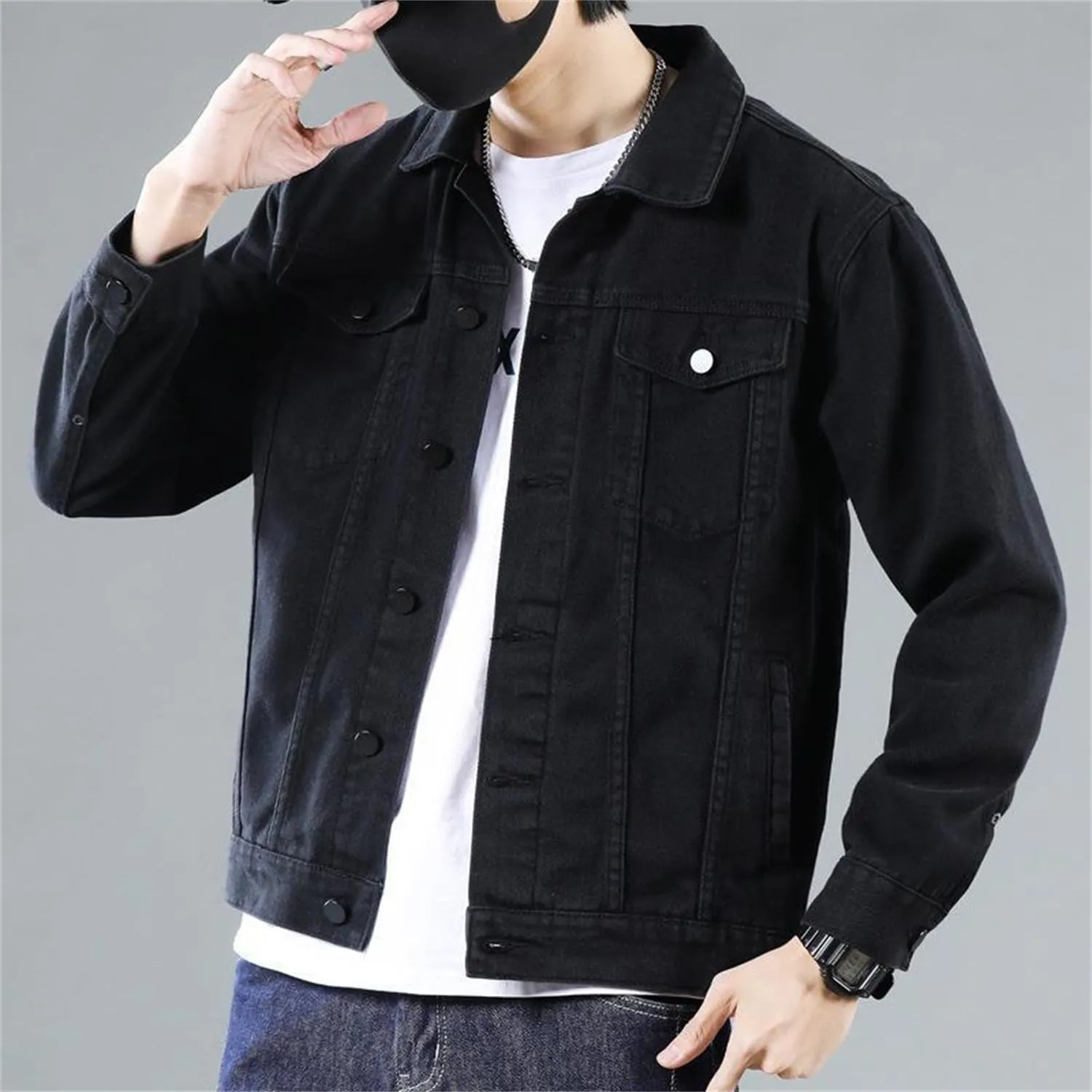 Men's Jean Jacket Casual Loose Fit Button Denim Trucker Jacket Coat with Multiple Pockets