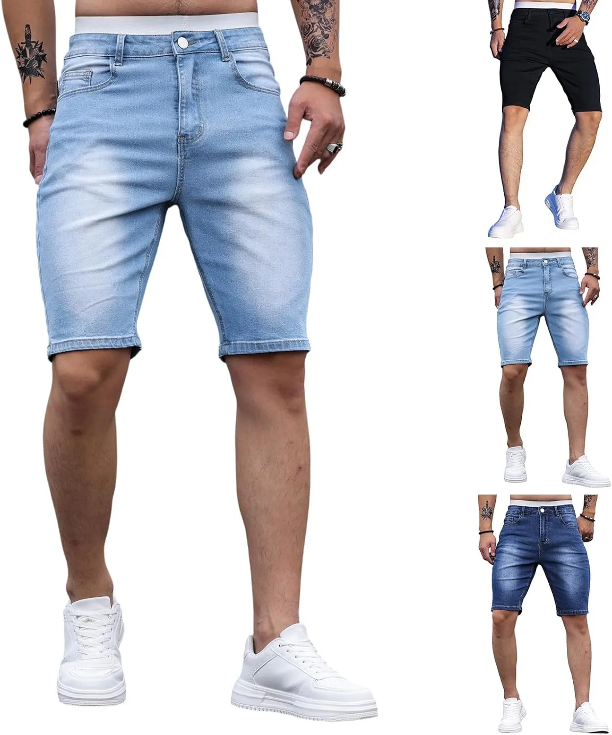 Mens Jean Shorts Summer Baggy Oversized Wide Leg Cowboy Cut Bermuda Shorts Flex Waist Classic Relaxed Fit Jean Short