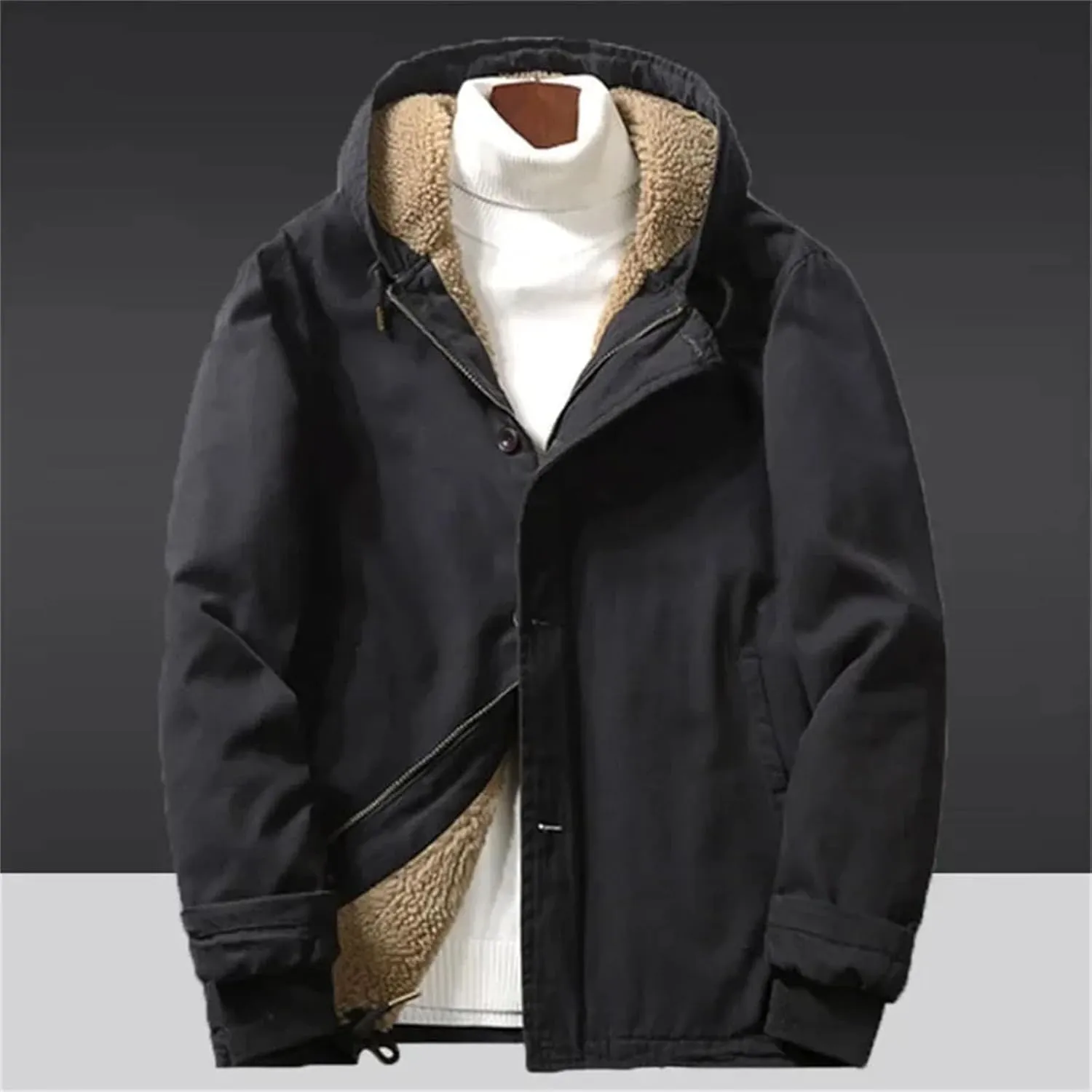 Men's Lamb Wool Retro Workwear Hooded Fleece-lined and Thickened Cotton-padded Jacket Coat in Winter