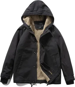 Men's Lamb Wool Retro Workwear Hooded Fleece-lined and Thickened Cotton-padded Jacket Coat in Winter