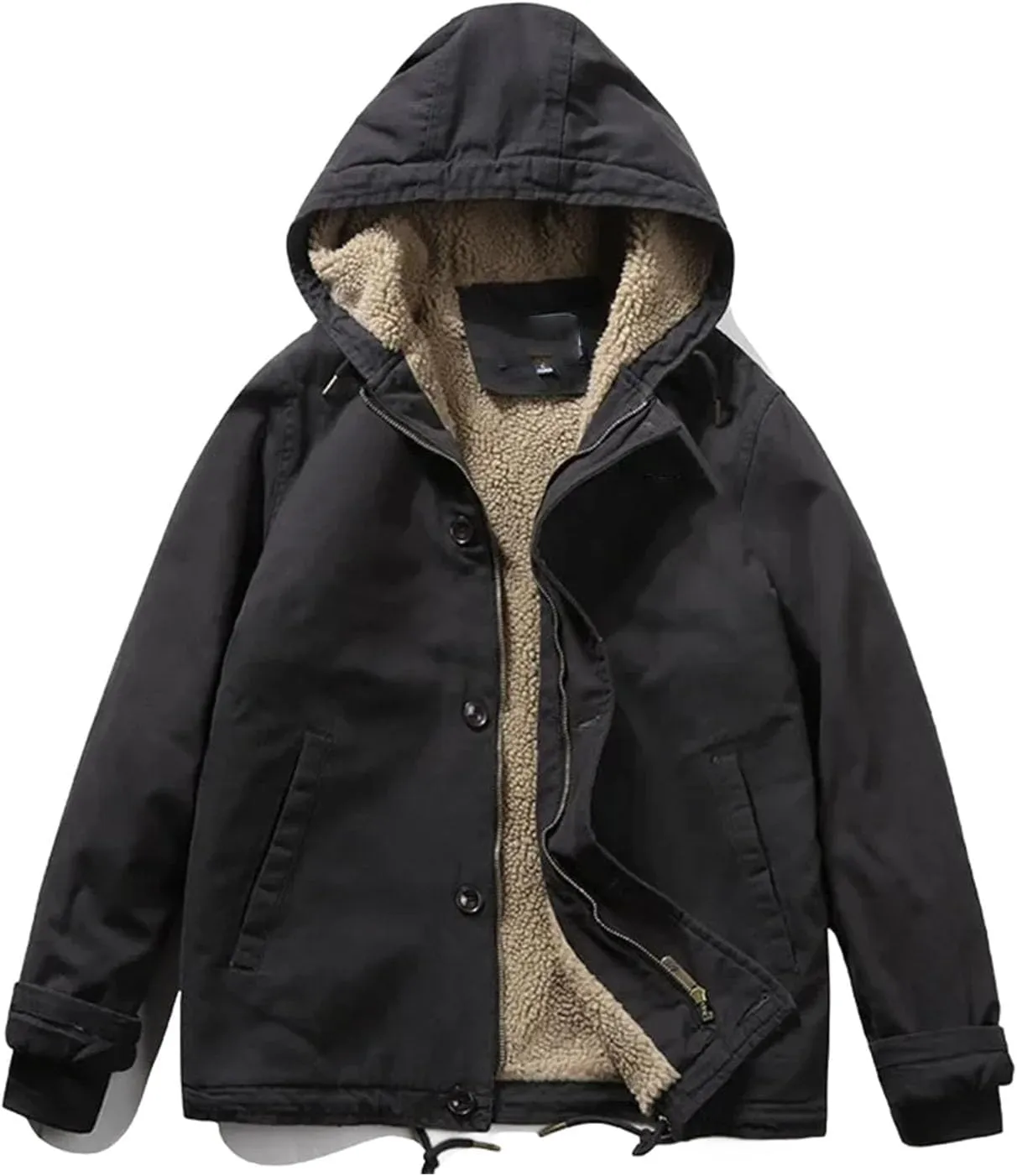 Men's Lamb Wool Retro Workwear Hooded Fleece-lined and Thickened Cotton-padded Jacket Coat in Winter