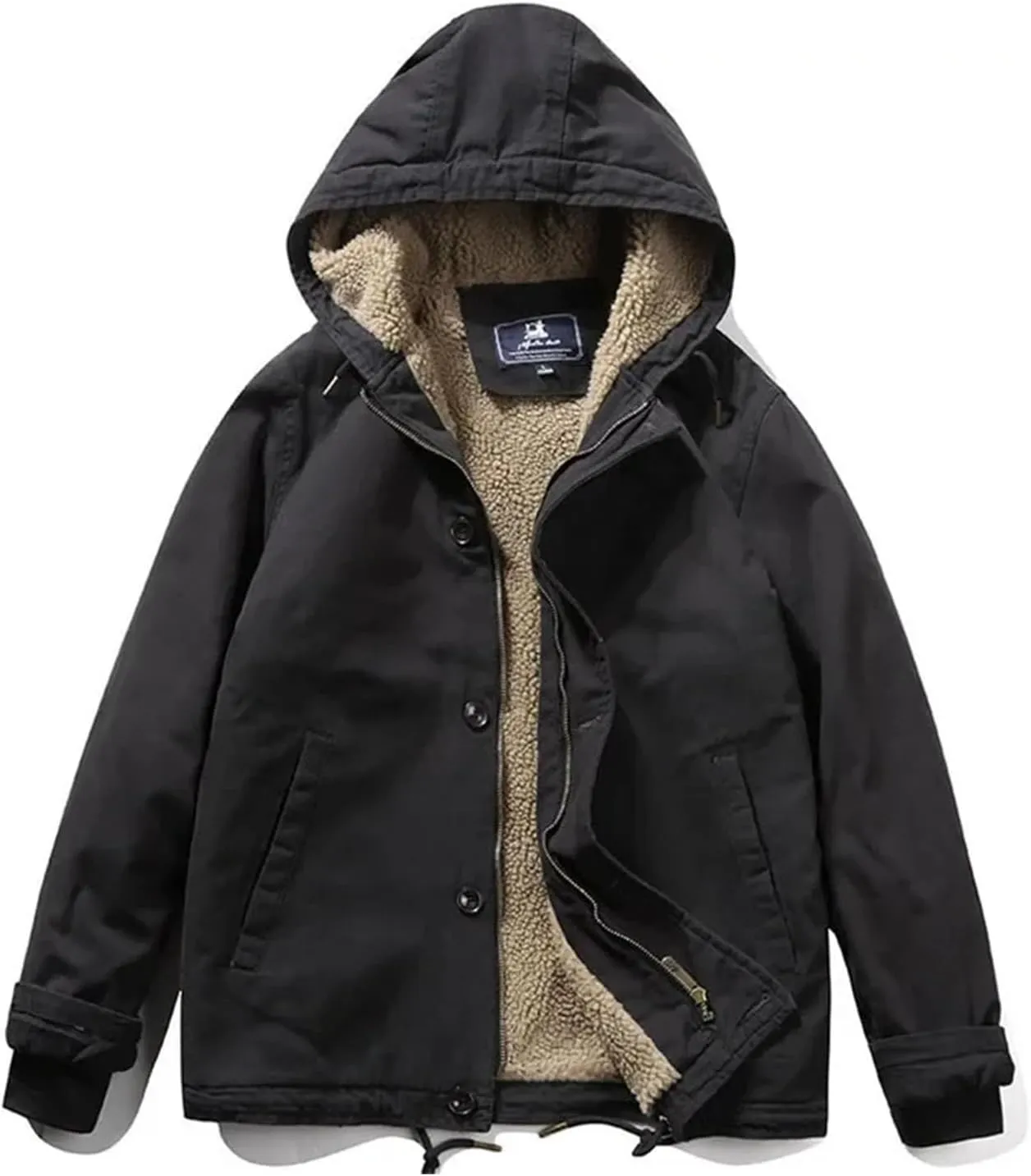 Men's Lamb Wool Retro Workwear Hooded Fleece-lined and Thickened Cotton-padded Jacket Coat in Winter