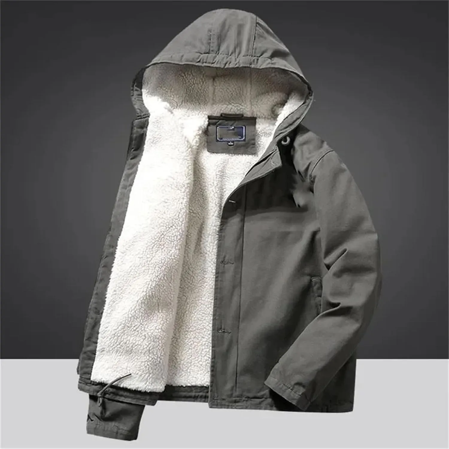 Men's Lamb Wool Retro Workwear Hooded Fleece-lined and Thickened Cotton-padded Jacket Coat in Winter