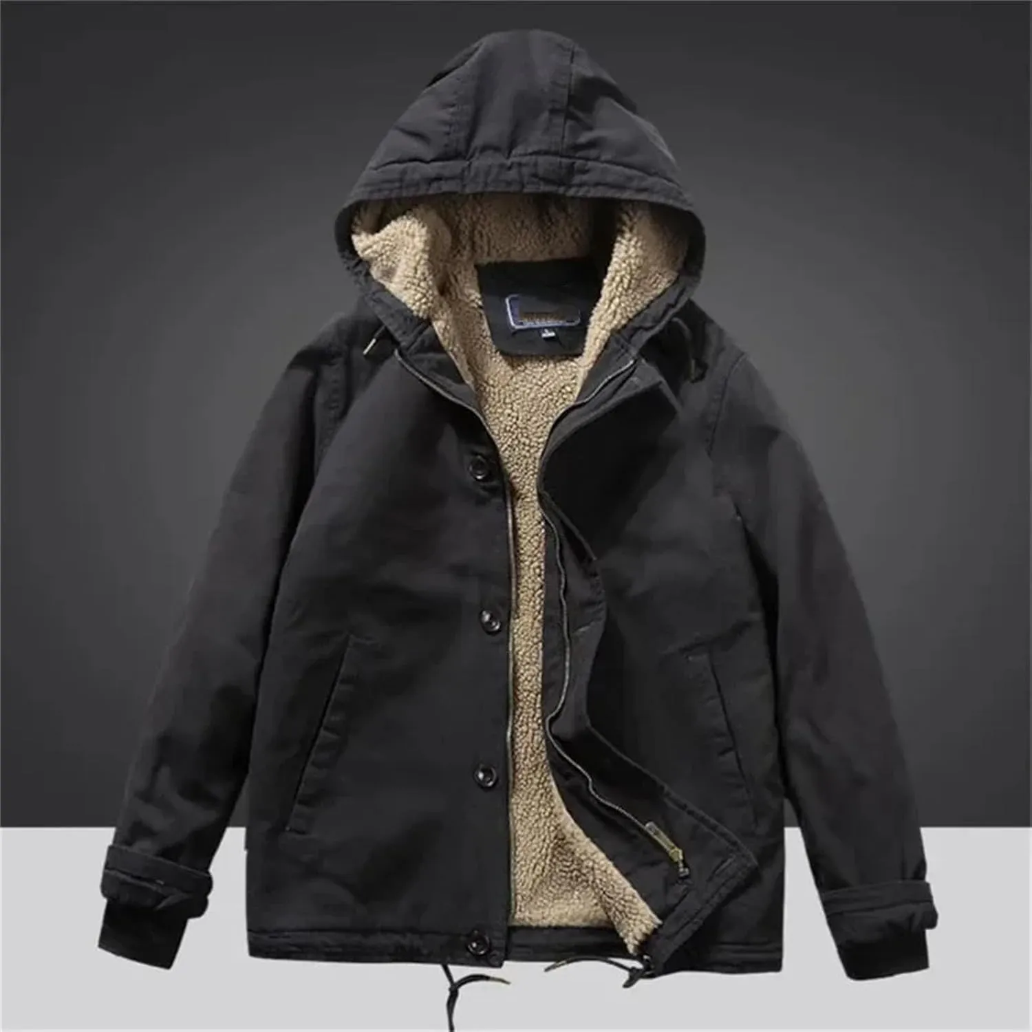 Men's Lamb Wool Retro Workwear Hooded Fleece-lined and Thickened Cotton-padded Jacket Coat in Winter