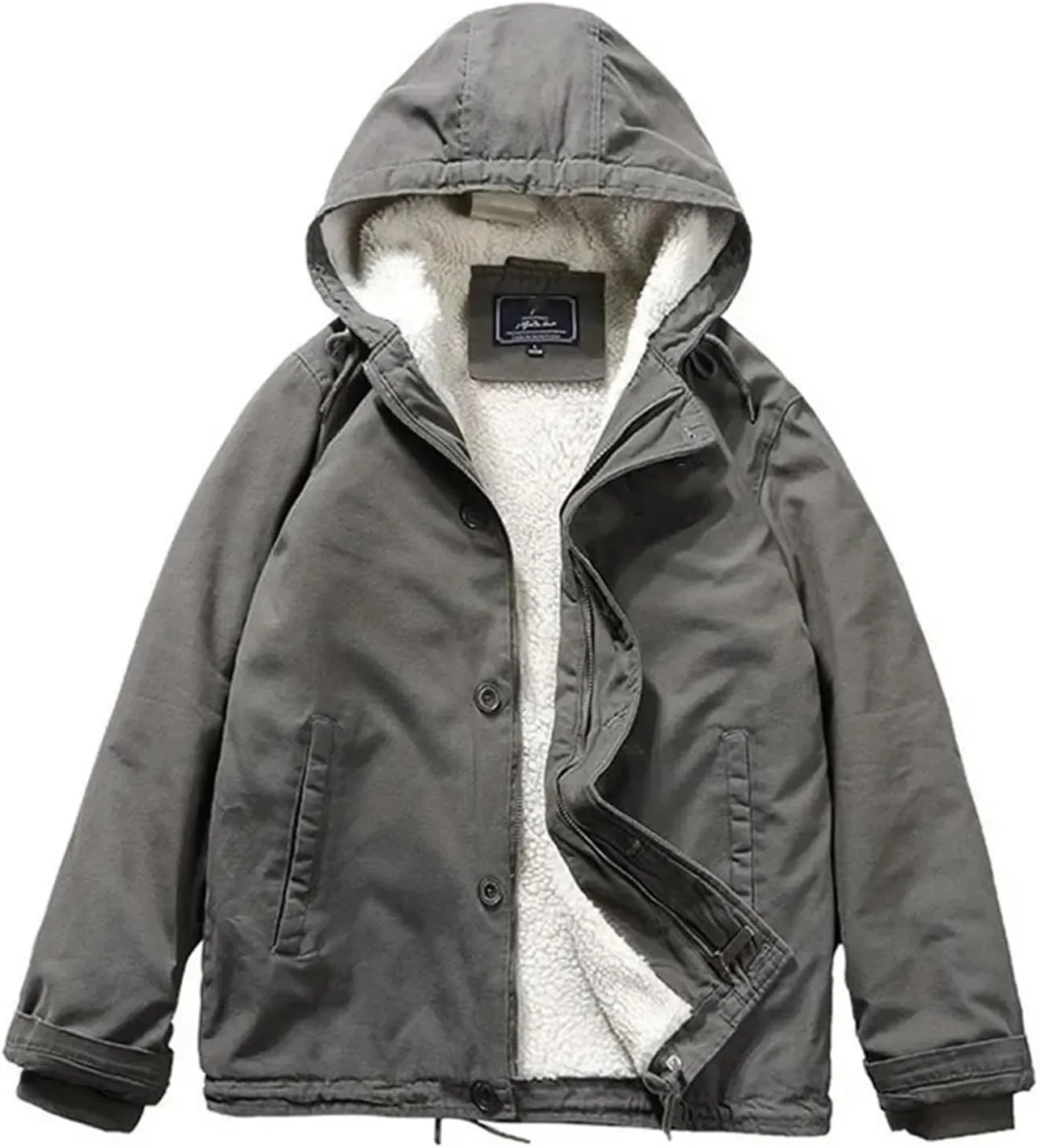 Men's Lamb Wool Retro Workwear Hooded Fleece-lined and Thickened Cotton-padded Jacket Coat in Winter