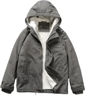 Men's Lamb Wool Retro Workwear Hooded Fleece-lined and Thickened Cotton-padded Jacket Coat in Winter