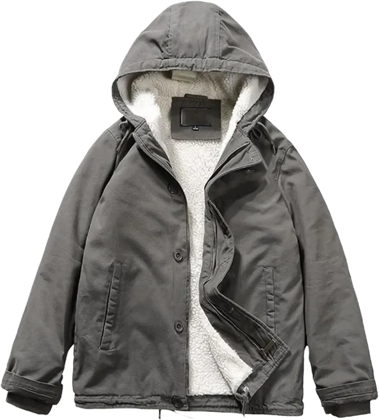 Men's Lamb Wool Retro Workwear Hooded Fleece-lined and Thickened Cotton-padded Jacket Coat in Winter
