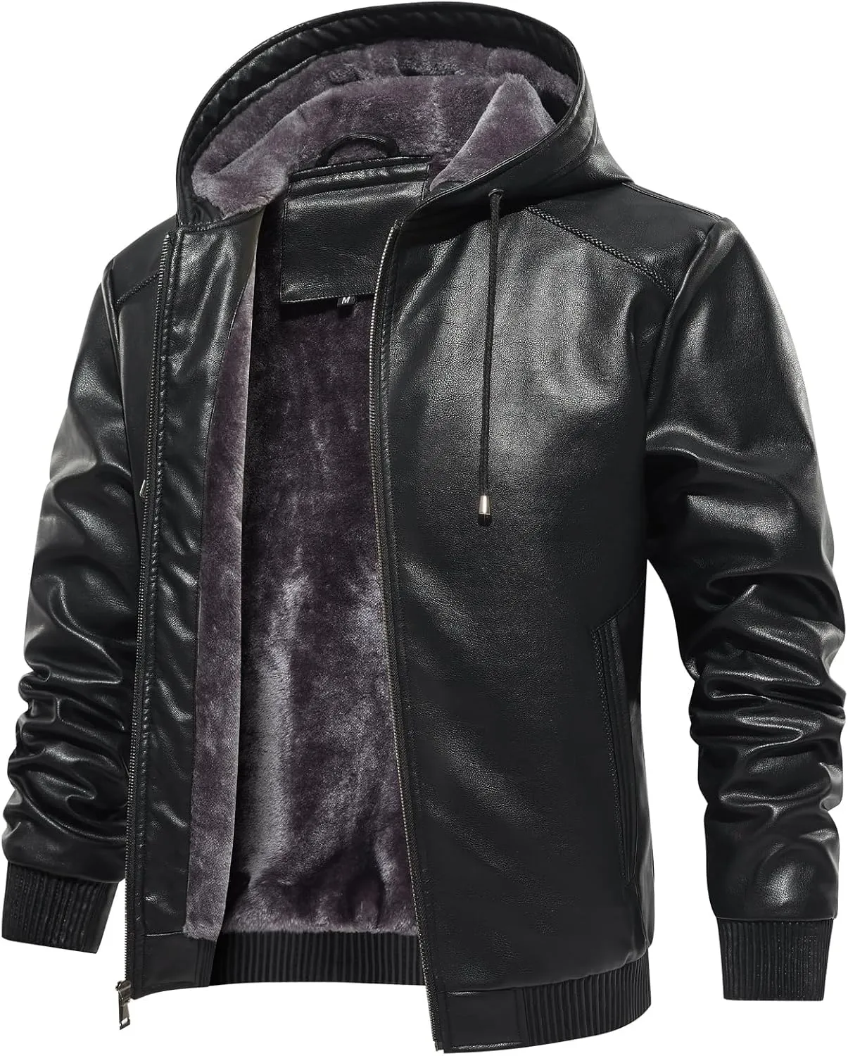 Men's Leather Jacket with Velvet Lining, Embroidered Shoulders, Multiple Pockets, Fitted