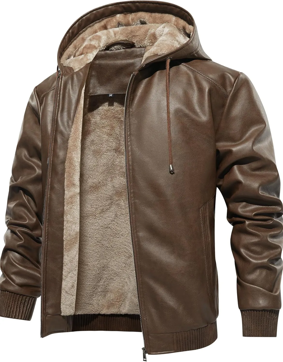 Men's Leather Jacket with Velvet Lining, Embroidered Shoulders, Multiple Pockets, Fitted