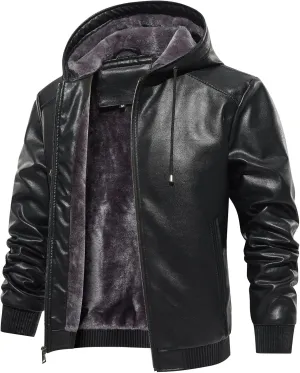 Men's Leather Jacket with Velvet Lining, Embroidered Shoulders, Multiple Pockets, Fitted
