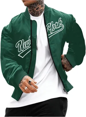 Men's Letter Printed Long Sleeve Bomber Jackets Zip Up Outerwear Coats