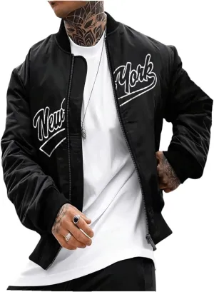 Men's Letter Printed Long Sleeve Bomber Jackets Zip Up Outerwear Coats