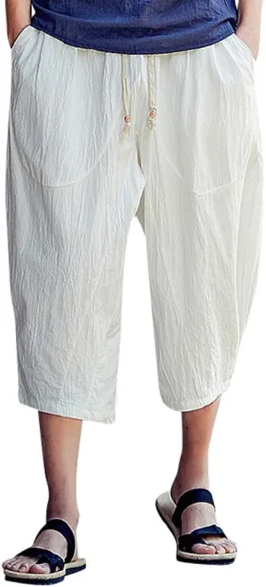 Men's Linen Capri Pants Casual Drawstring Yoga Pants Baggy Harem Pants Wide Leg Summer Beach Capris with Pockets