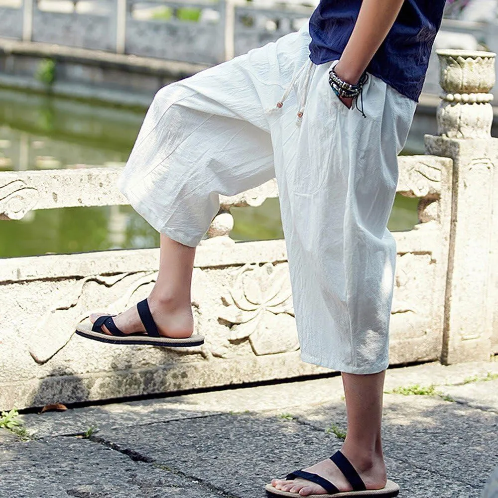 Men's Linen Capri Pants Casual Drawstring Yoga Pants Baggy Harem Pants Wide Leg Summer Beach Capris with Pockets
