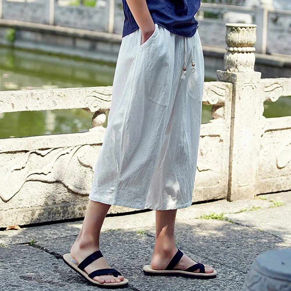 Men's Linen Capri Pants Casual Drawstring Yoga Pants Baggy Harem Pants Wide Leg Summer Beach Capris with Pockets